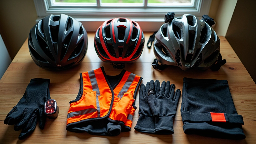 Bicycle safety equipment including helmet, lights, and reflective gear laid out on wooden surface