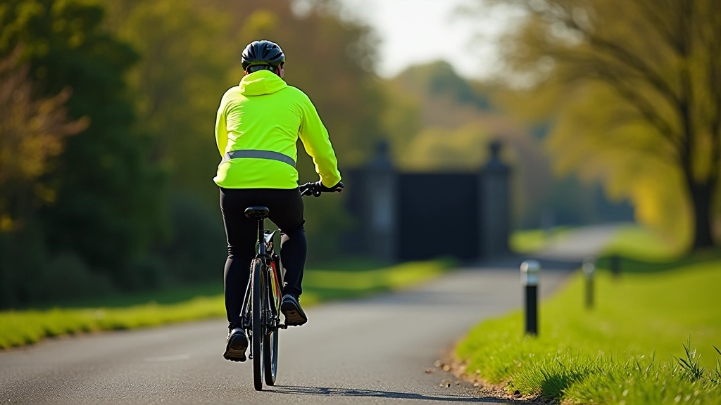Cyclist in high-visibility clothing on a towpath near a lock, proper safety positioning and gear