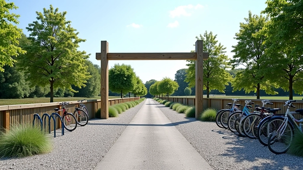 Entrance to a cycling towpath with clear signage and parking area visible in the background
