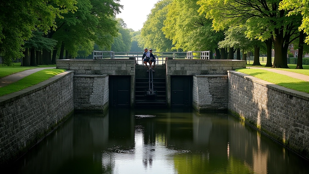 Peaceful canal lock chamber with historic stone gates and calm water reflecting the sky
