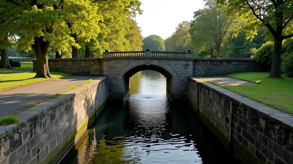 Close-up view of a traditional canal lock gate with water flowing, historic stone structure typical of Irish waterways
