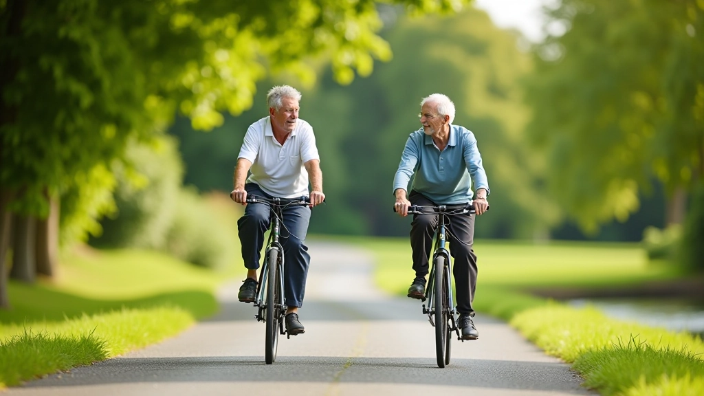 Mature couple cycling together on a peaceful towpath, senior cyclists enjoying recreational ride in natural riverside setting